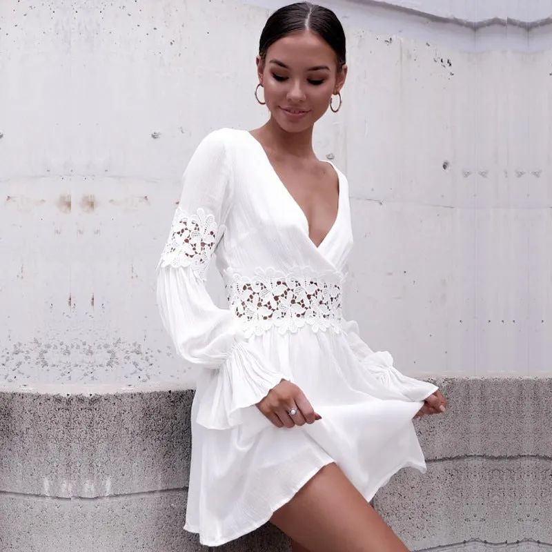 Deep V-neck Lace Patchwork Long Trumpet Sleeves Women Short White Dress