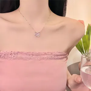 Exquisite Pink Cats Eye Stone Butterfly Necklace