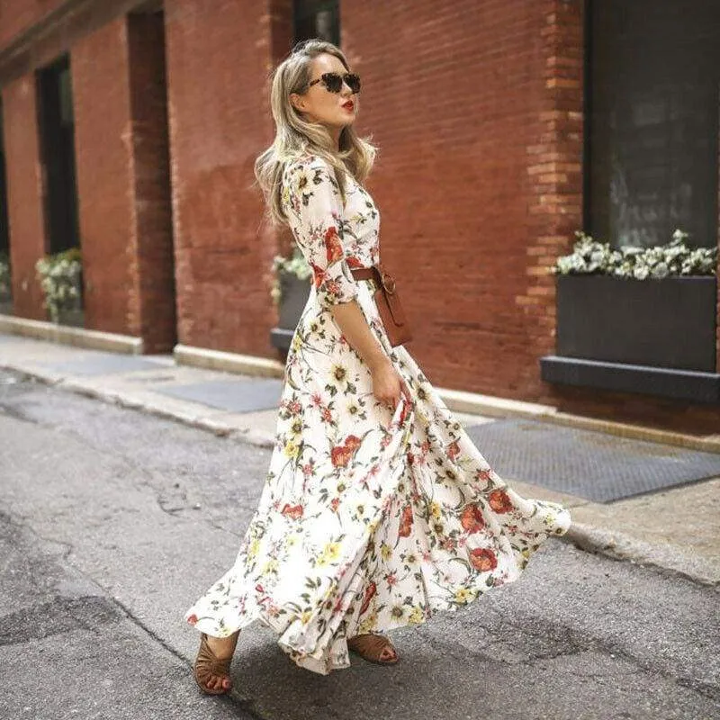 FashionSierra - Women's Boho Maxi Dress Floral Summer Beach Party Long Sundress Fashion Ladies Casual Daily Half Sleeve Dress Clothes