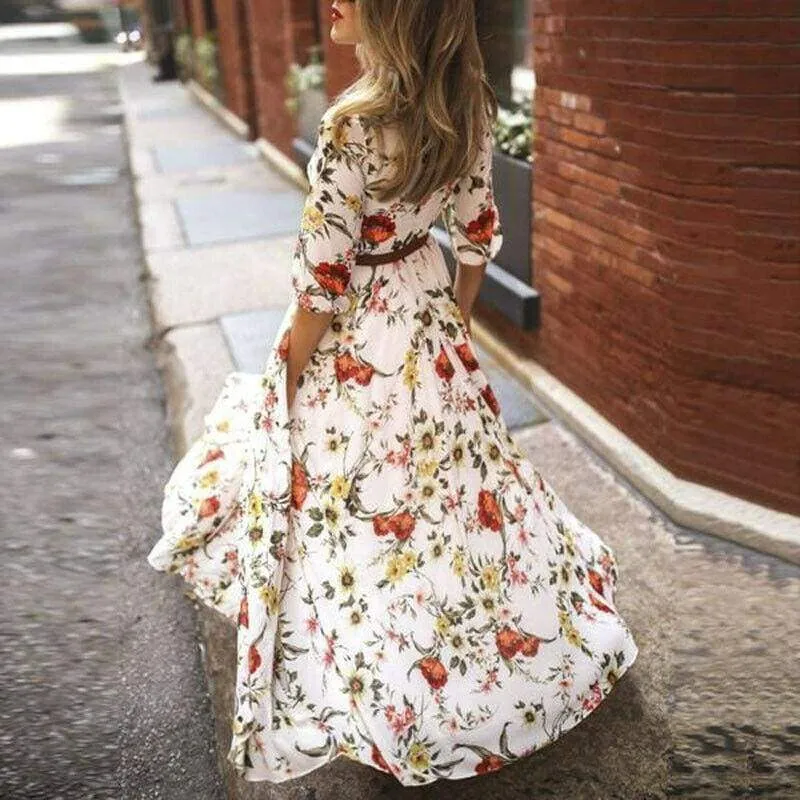 FashionSierra - Women's Boho Maxi Dress Floral Summer Beach Party Long Sundress Fashion Ladies Casual Daily Half Sleeve Dress Clothes