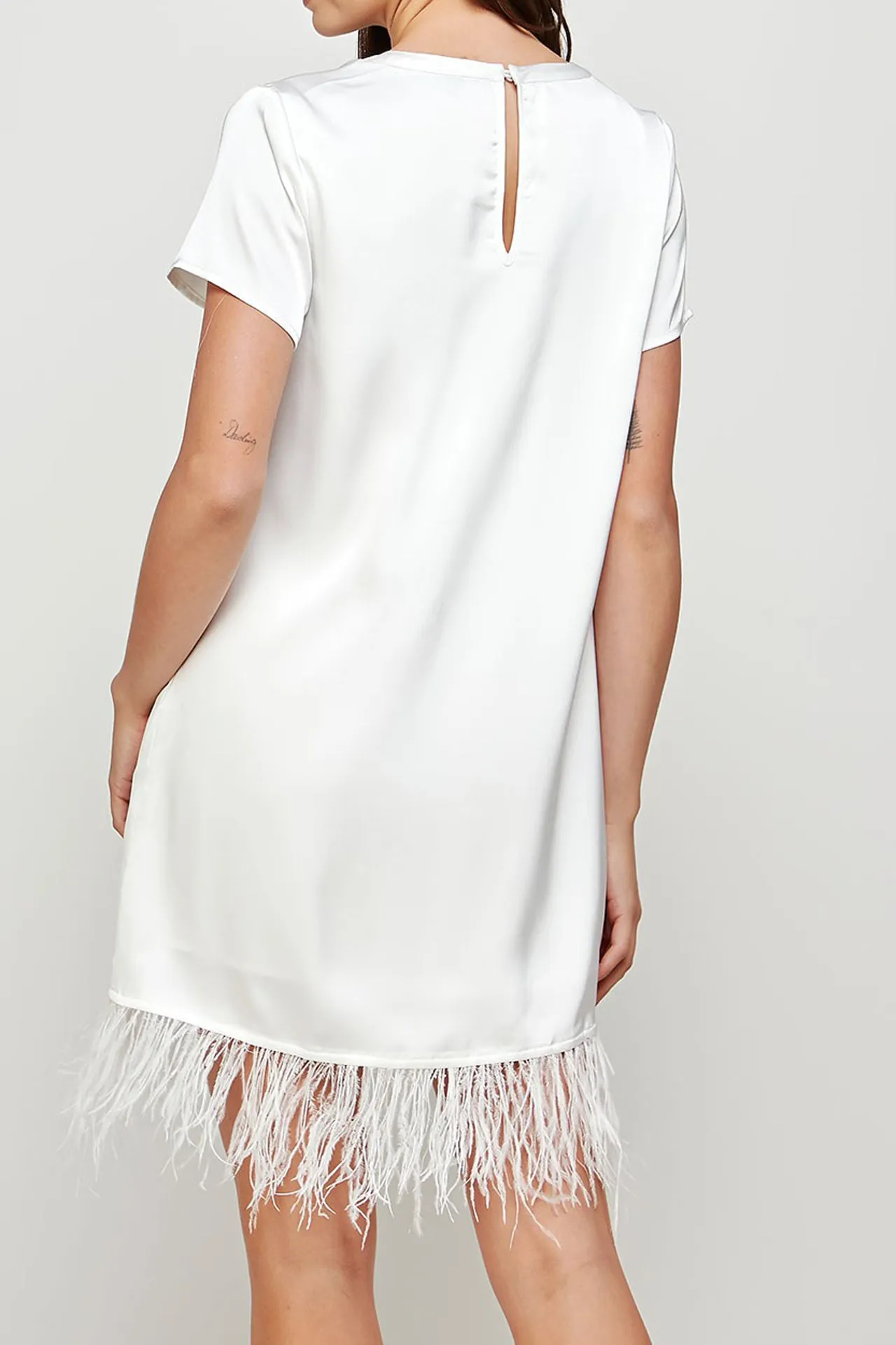 Feather Hem White Mini Dress