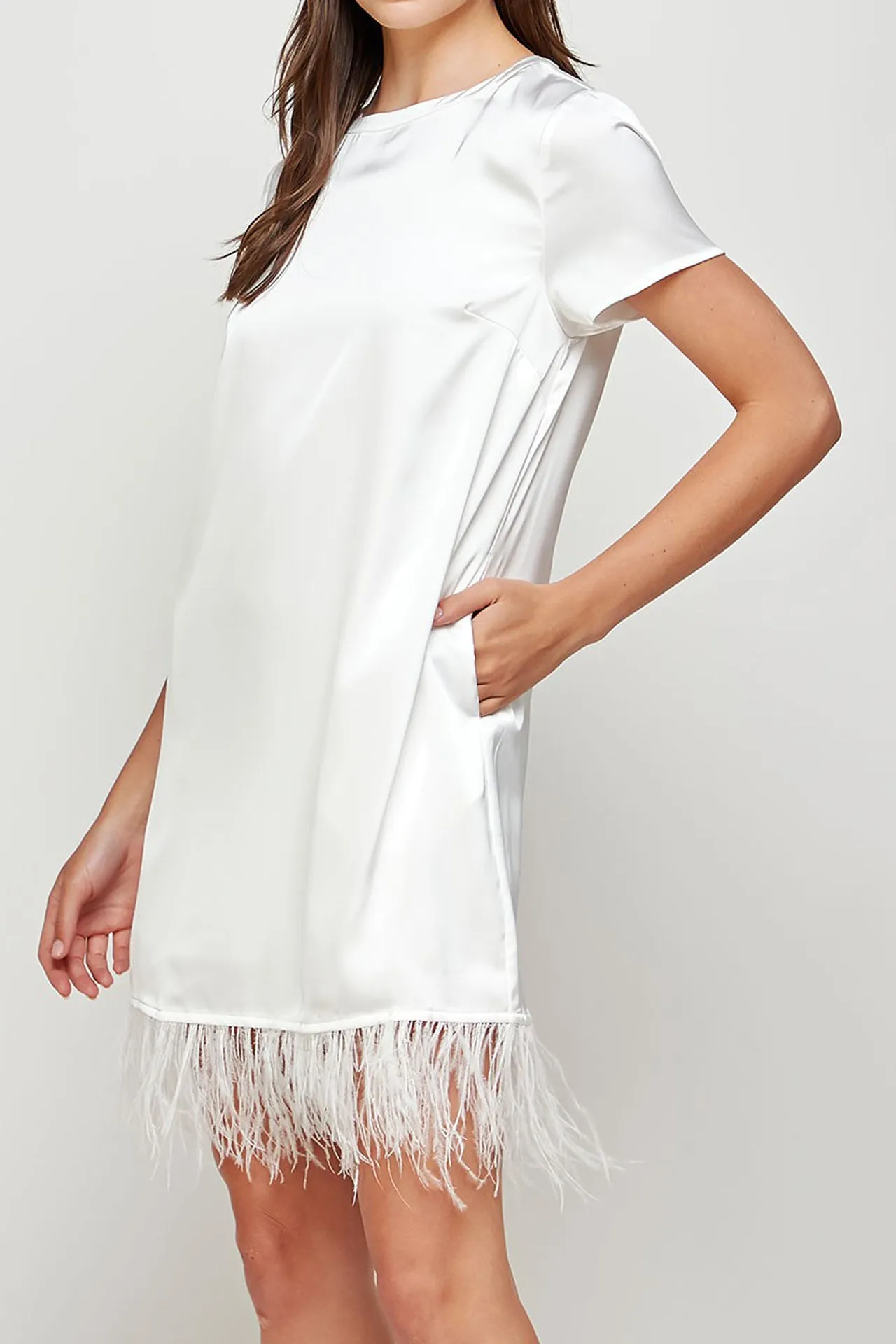 Feather Hem White Mini Dress
