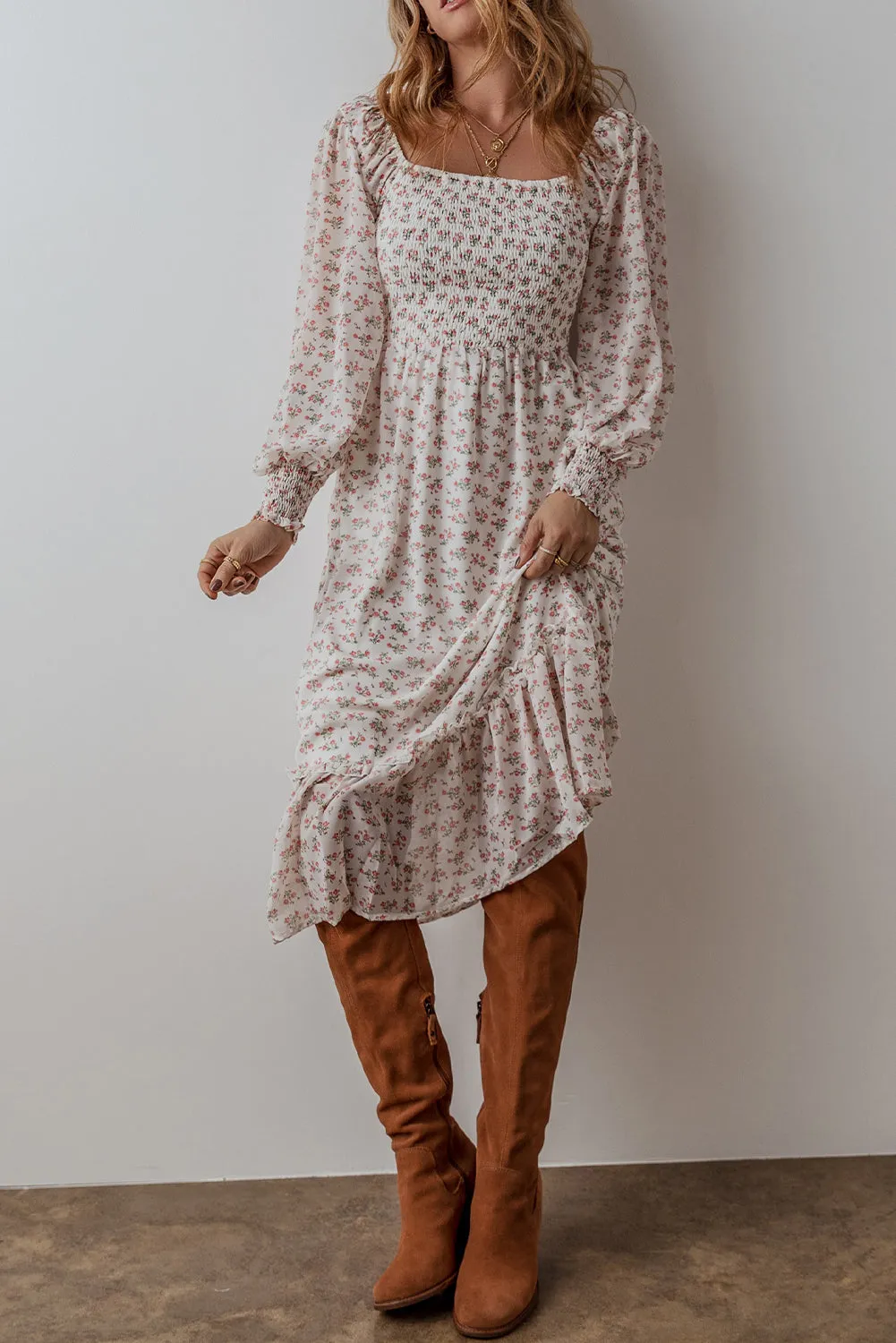 Floral Print Square Neck Midi Dress