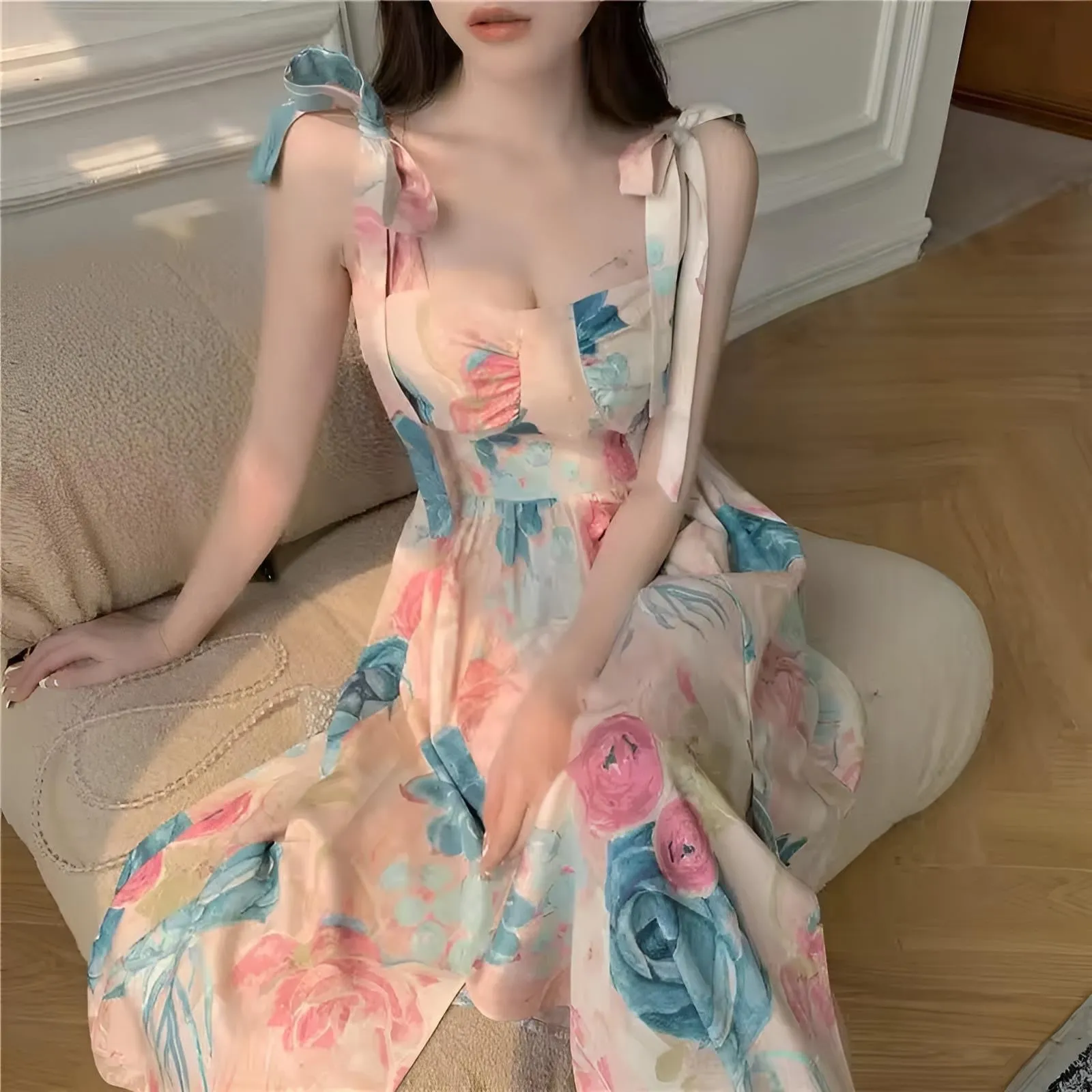 French Blue white Floral Dress