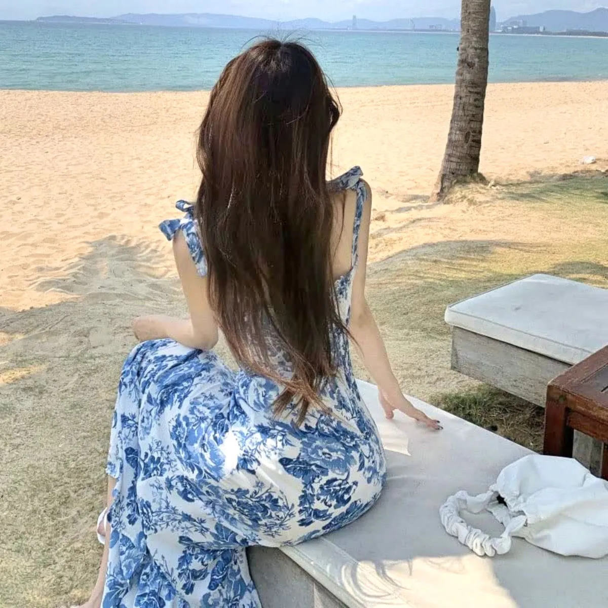 French Blue white Floral Dress