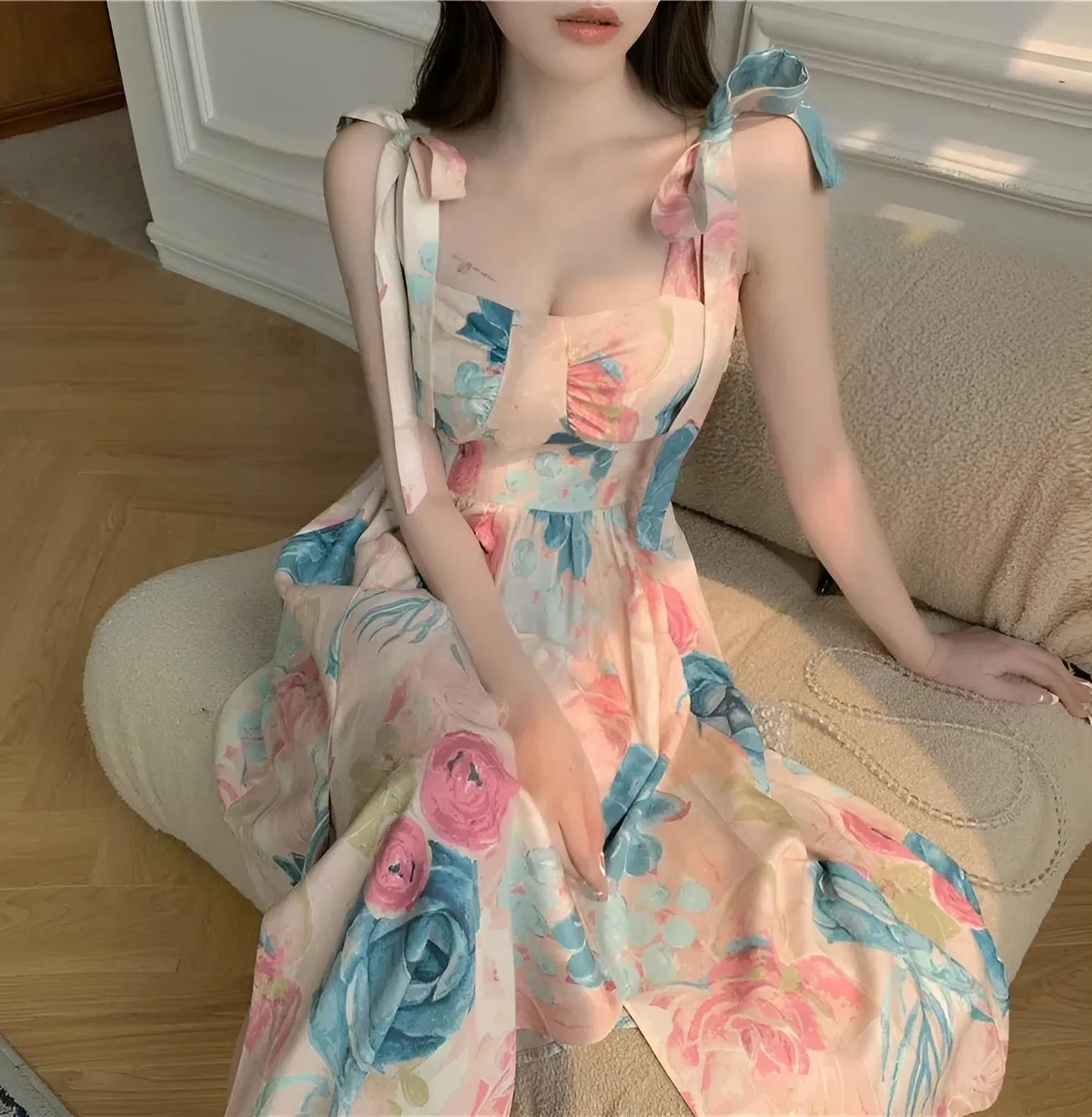French Blue white Floral Dress