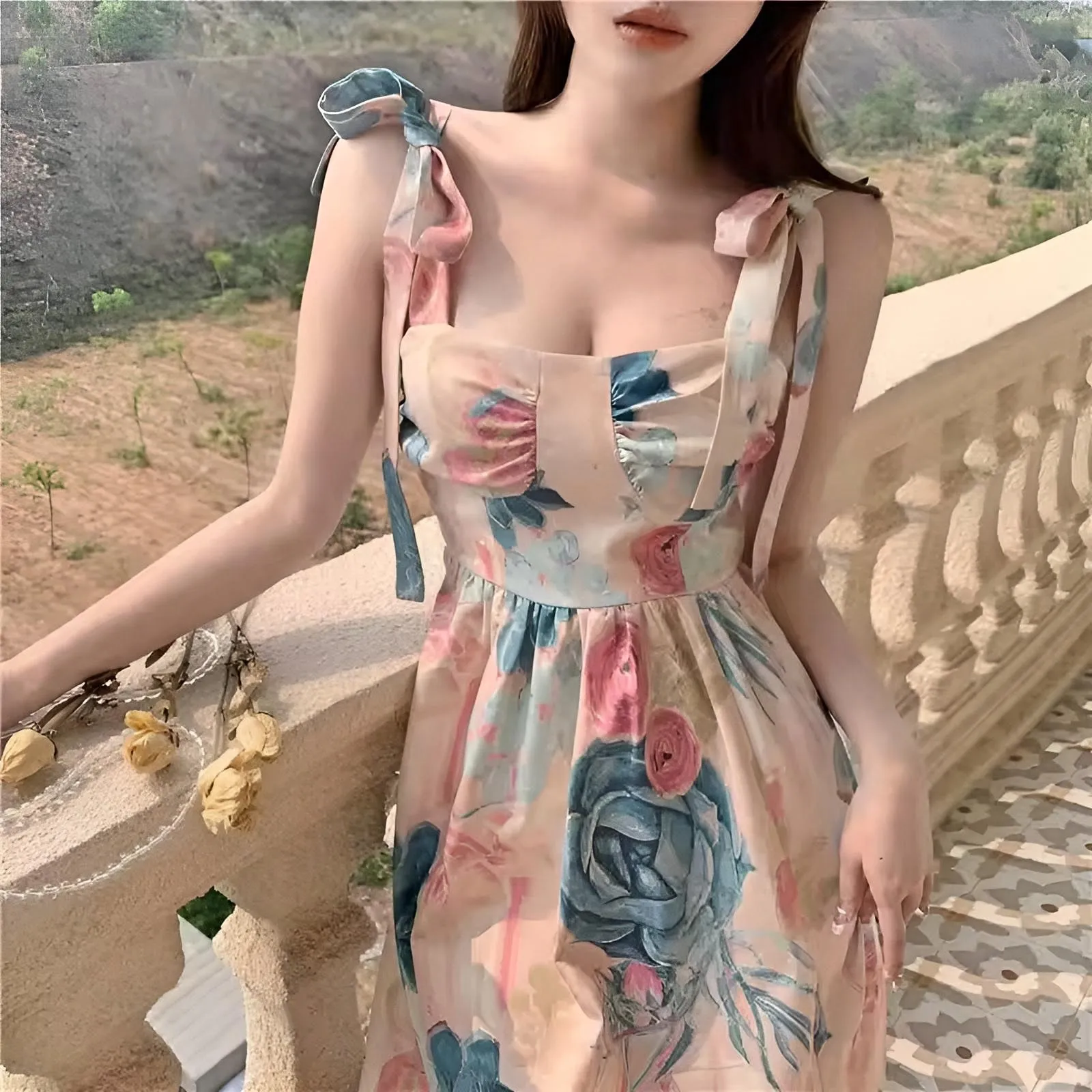 French Blue white Floral Dress