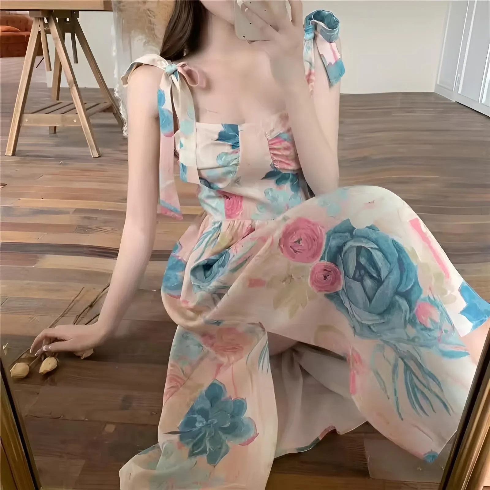French Blue white Floral Dress