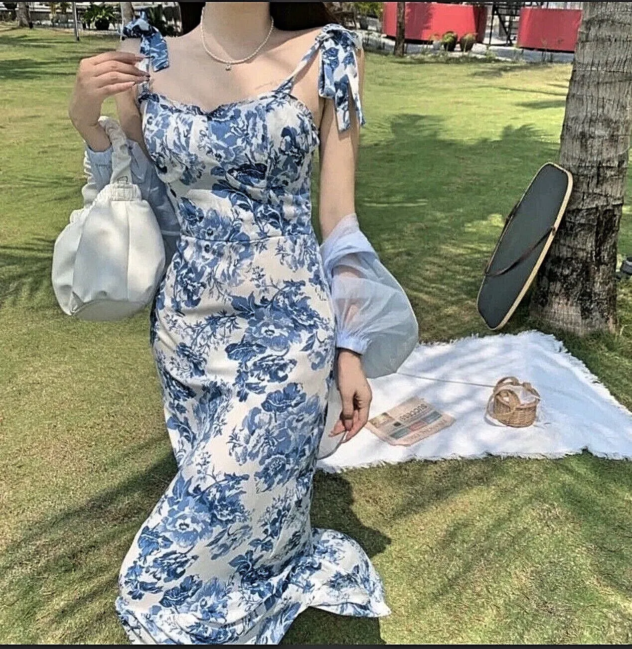 French Blue white Floral Dress