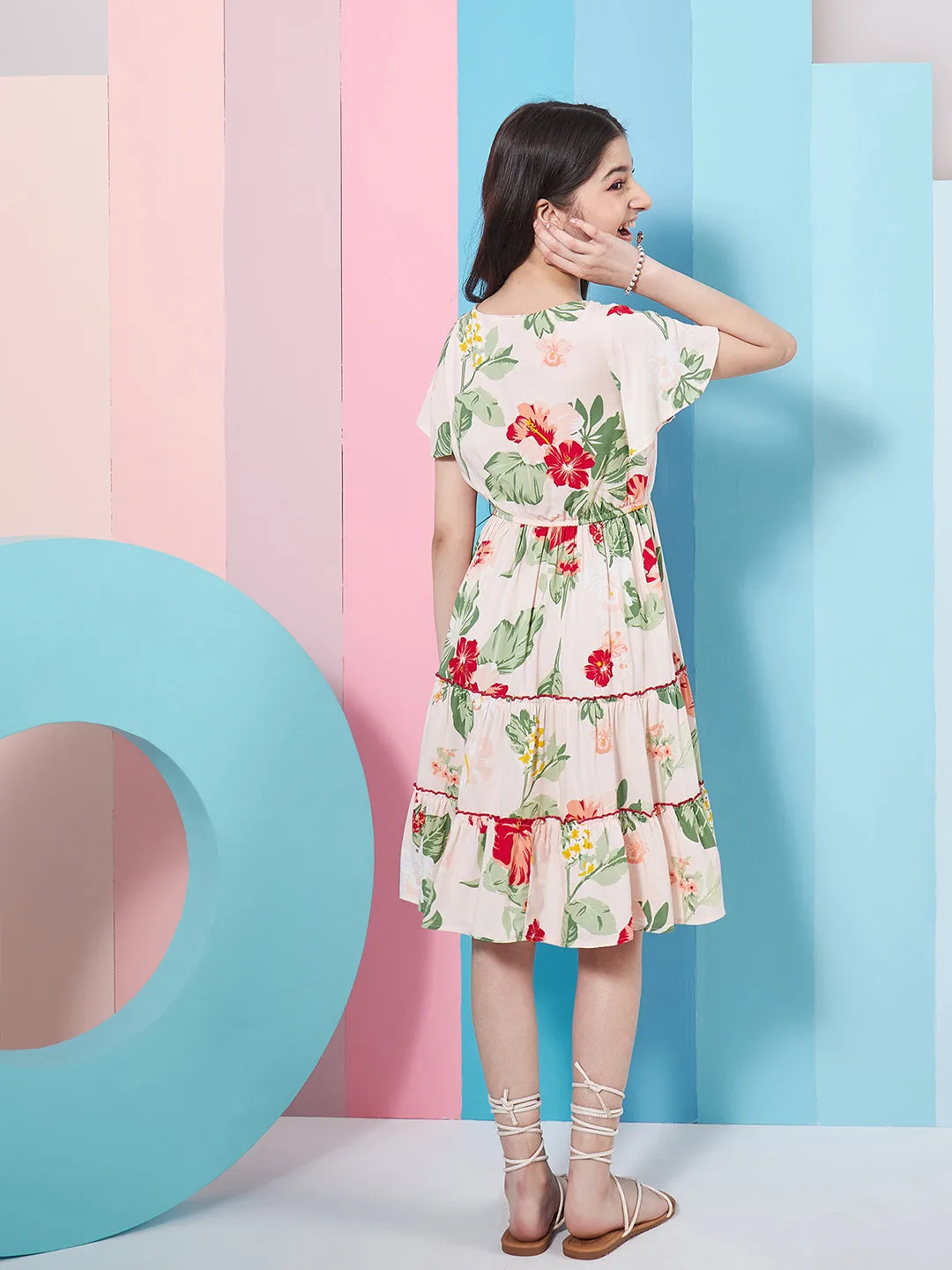 Girls Floral Printed Flared Sleeves Tiered Fit Flare Dress