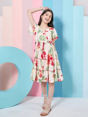 Girls Floral Printed Flared Sleeves Tiered Fit Flare Dress