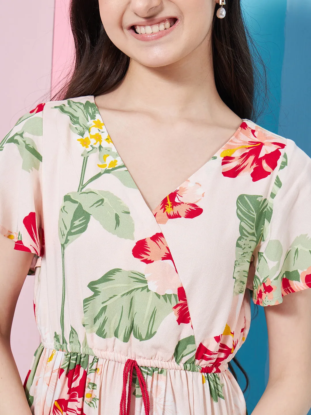 Girls Floral Printed Flared Sleeves Tiered Fit Flare Dress
