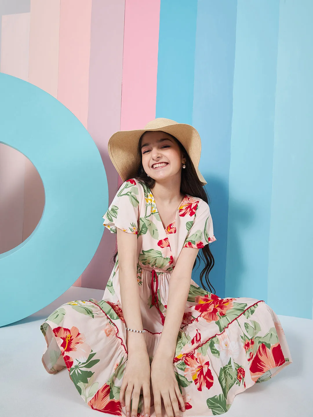 Girls Floral Printed Flared Sleeves Tiered Fit Flare Dress