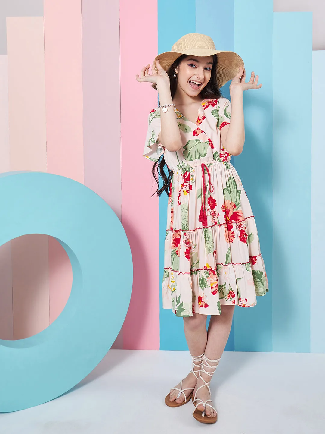 Girls Floral Printed Flared Sleeves Tiered Fit Flare Dress