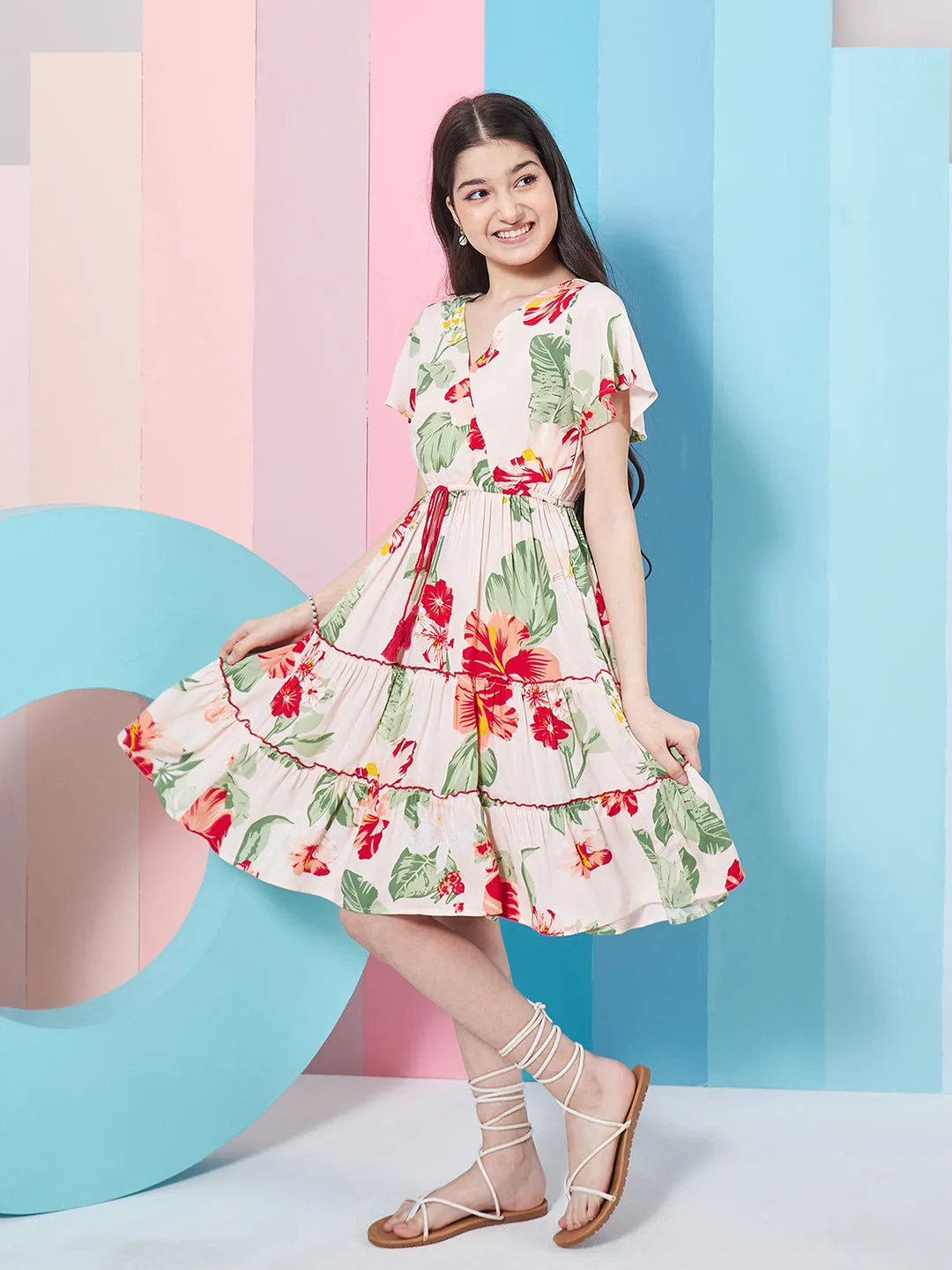 Girls Floral Printed Flared Sleeves Tiered Fit Flare Dress