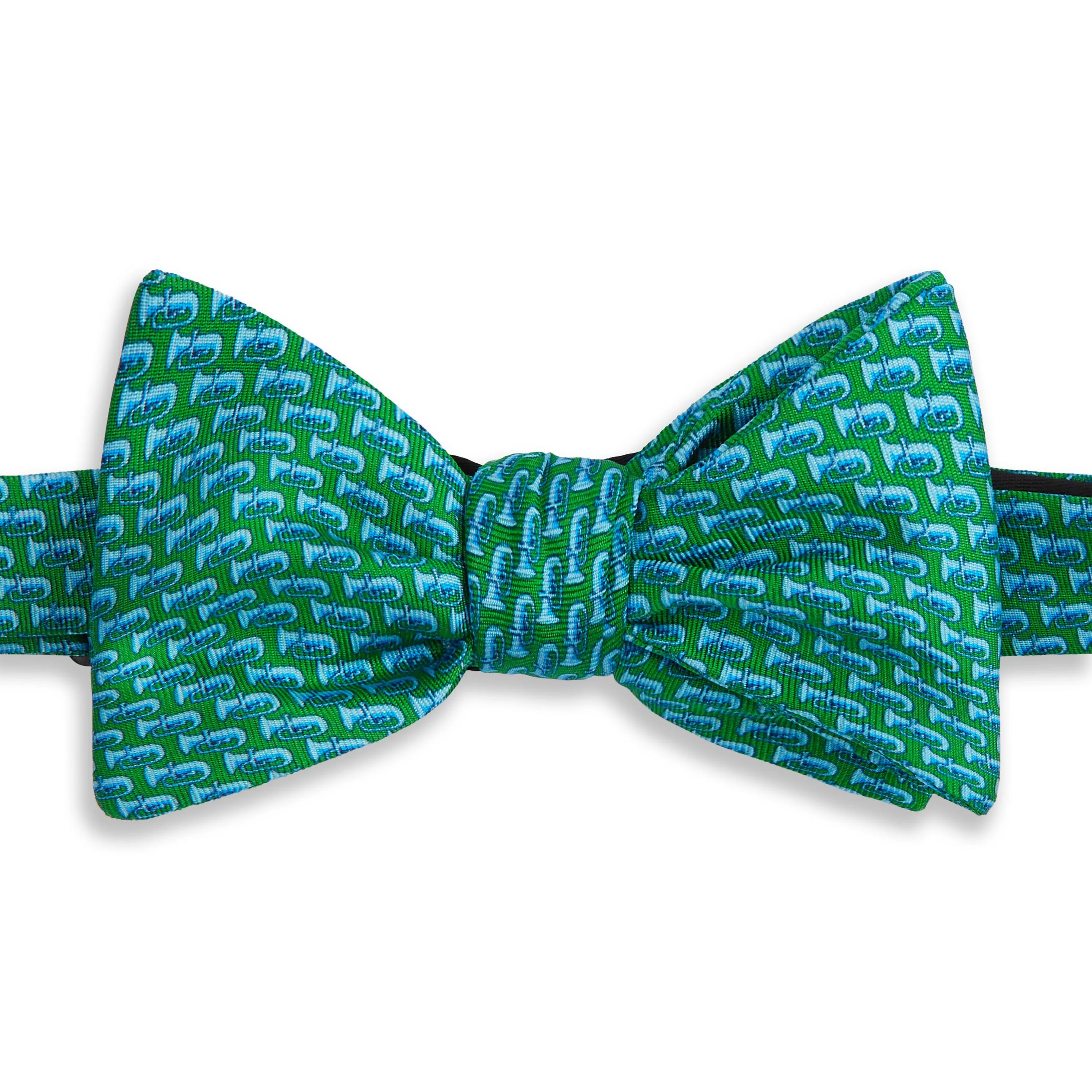Green and Blue Trumpet Printed Silk Bow Tie