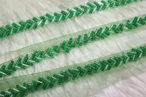 Green Embellished Hand Beads Work Embroidered Lace