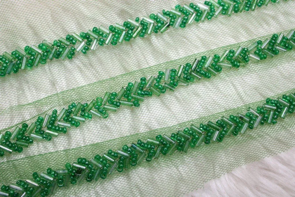Green Embellished Hand Beads Work Embroidered Lace