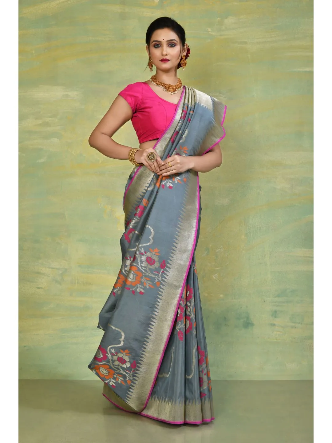 Grey & Pink Soft Silk Cutwork Banarasi Saree