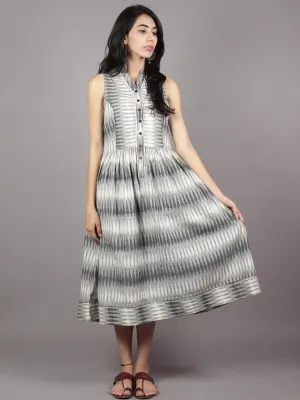 Grey Ivory Handwoven Ikat Cotton Sleeveless Dress With Princess Line & Side Pockets - D61F718