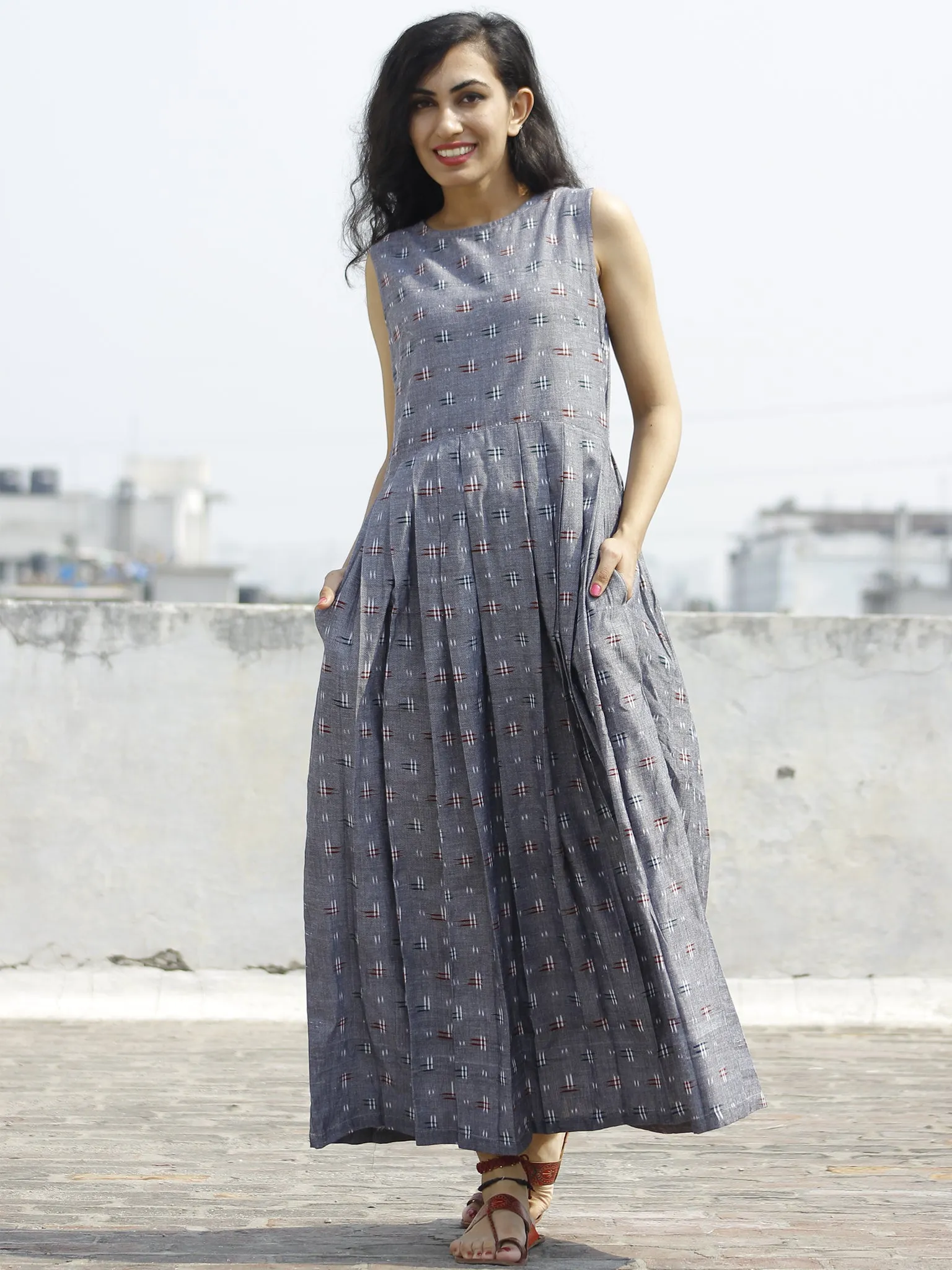 Grey Maroon Ivory  Long Sleeveless Handwoven Double Ikat Dress With Knife Pleats & Side Pockets - D32F662