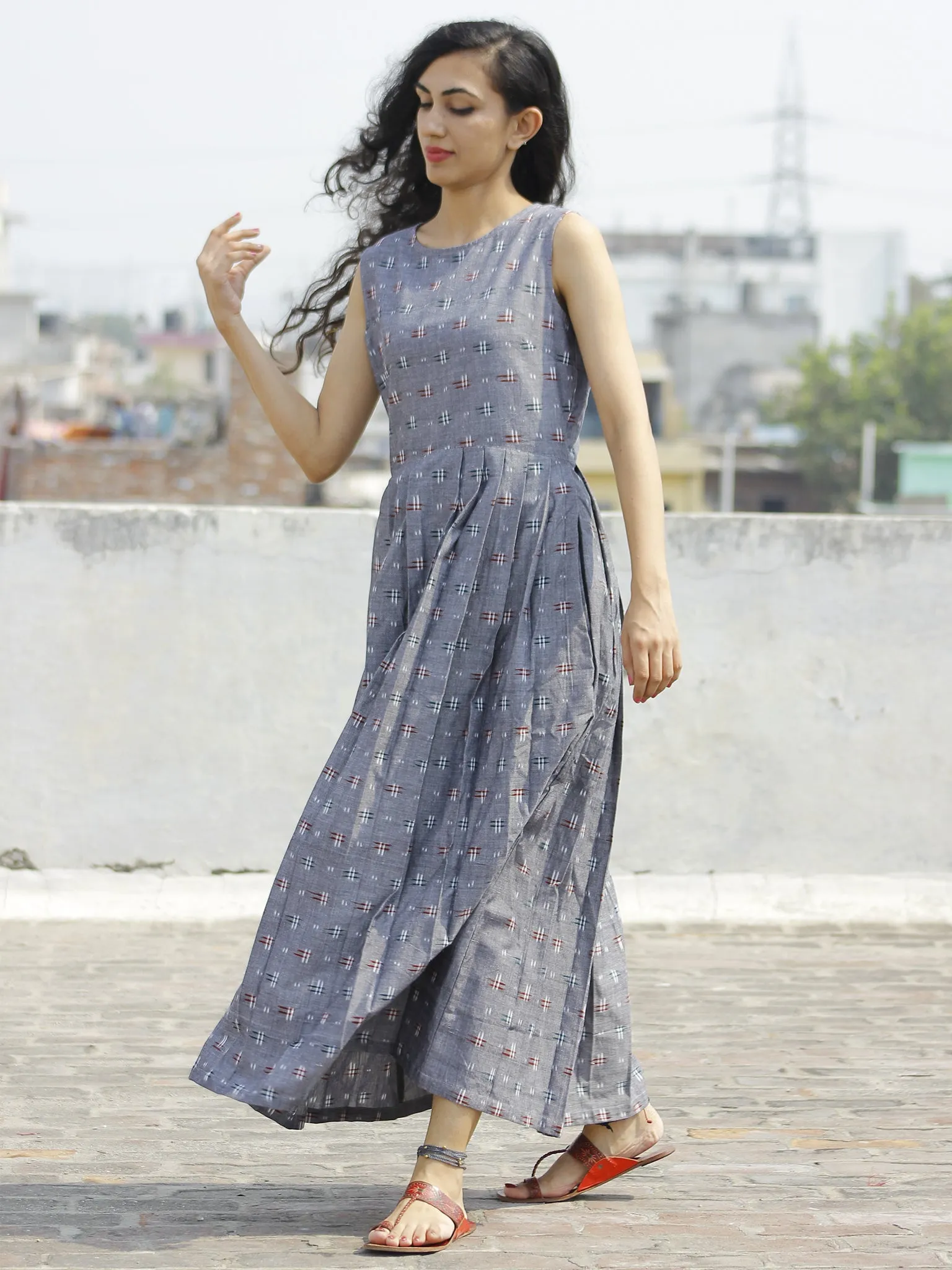 Grey Maroon Ivory  Long Sleeveless Handwoven Double Ikat Dress With Knife Pleats & Side Pockets - D32F662