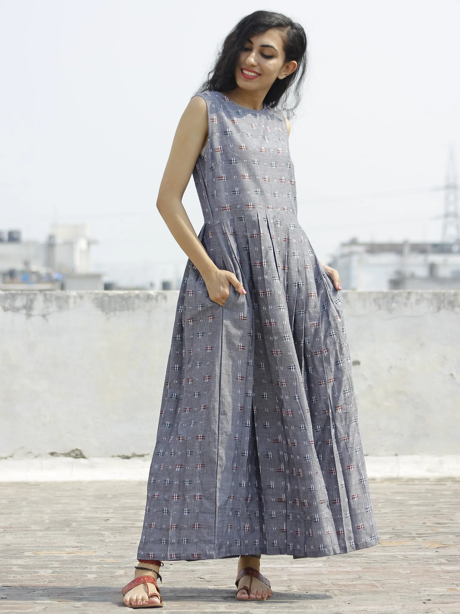 Grey Maroon Ivory  Long Sleeveless Handwoven Double Ikat Dress With Knife Pleats & Side Pockets - D32F662