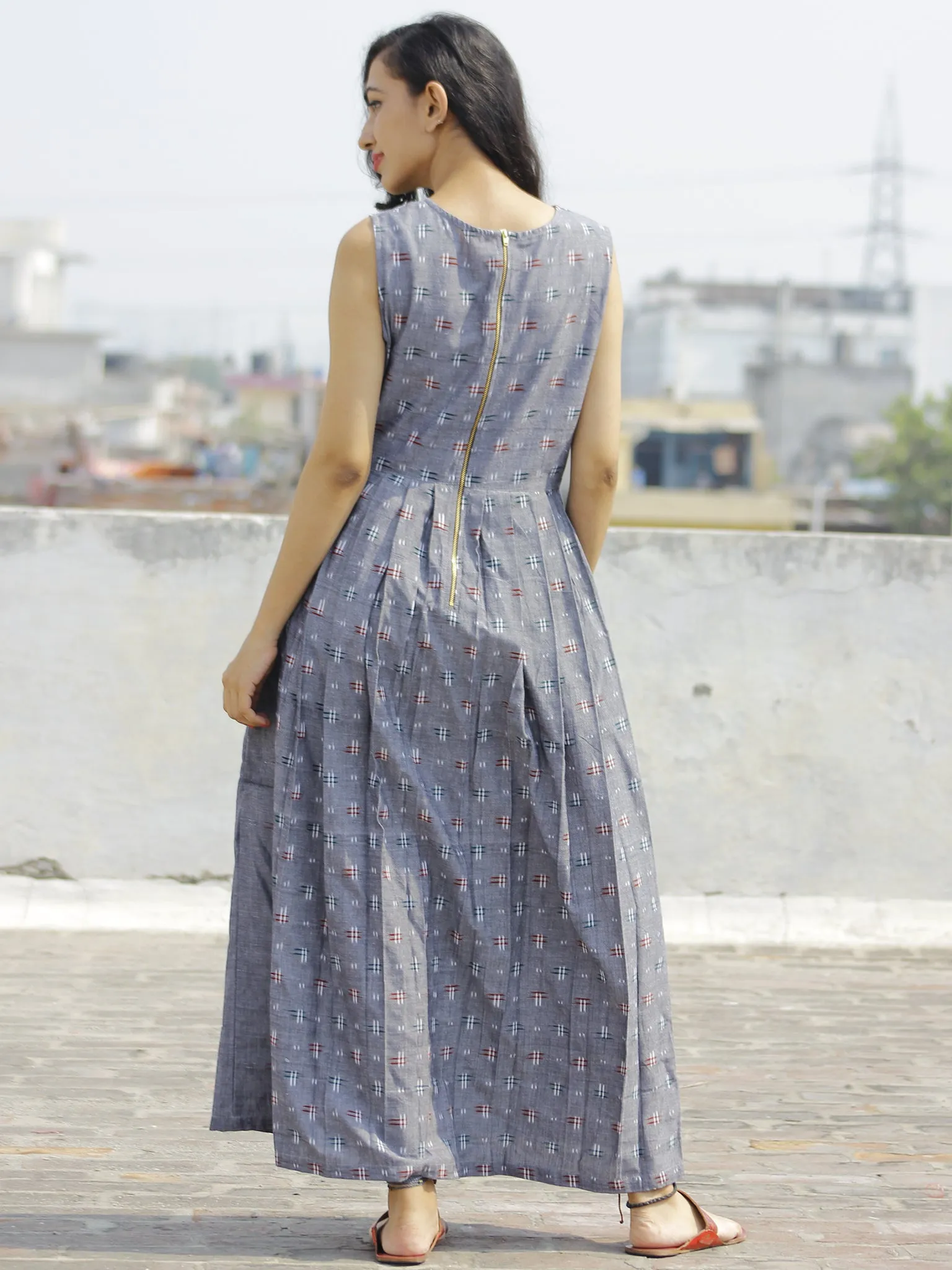 Grey Maroon Ivory  Long Sleeveless Handwoven Double Ikat Dress With Knife Pleats & Side Pockets - D32F662