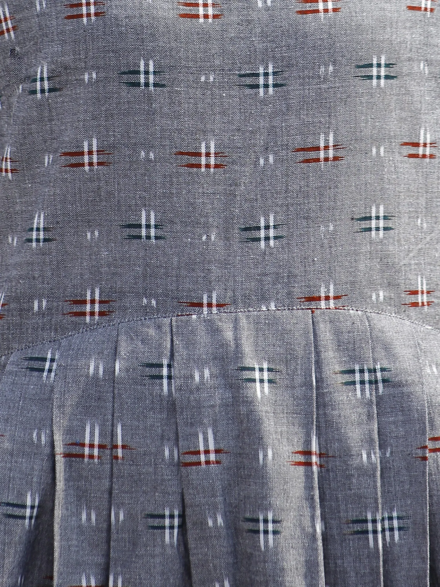 Grey Maroon Ivory  Long Sleeveless Handwoven Double Ikat Dress With Knife Pleats & Side Pockets - D32F662