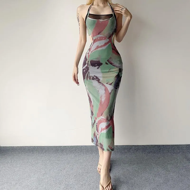 Halter self tie contrast print sheer mesh backless hollow out cut out maxi dress
