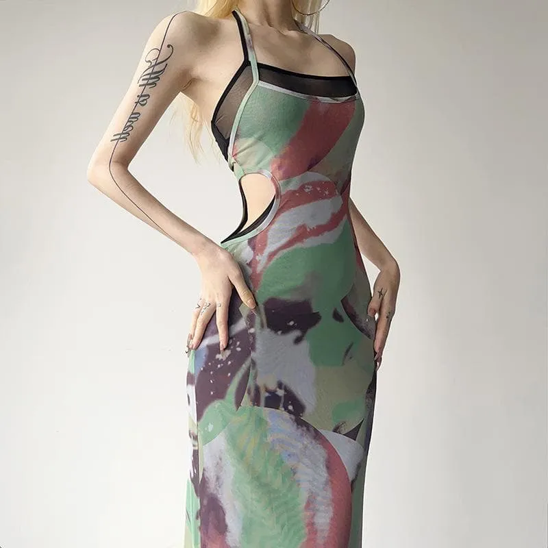 Halter self tie contrast print sheer mesh backless hollow out cut out maxi dress