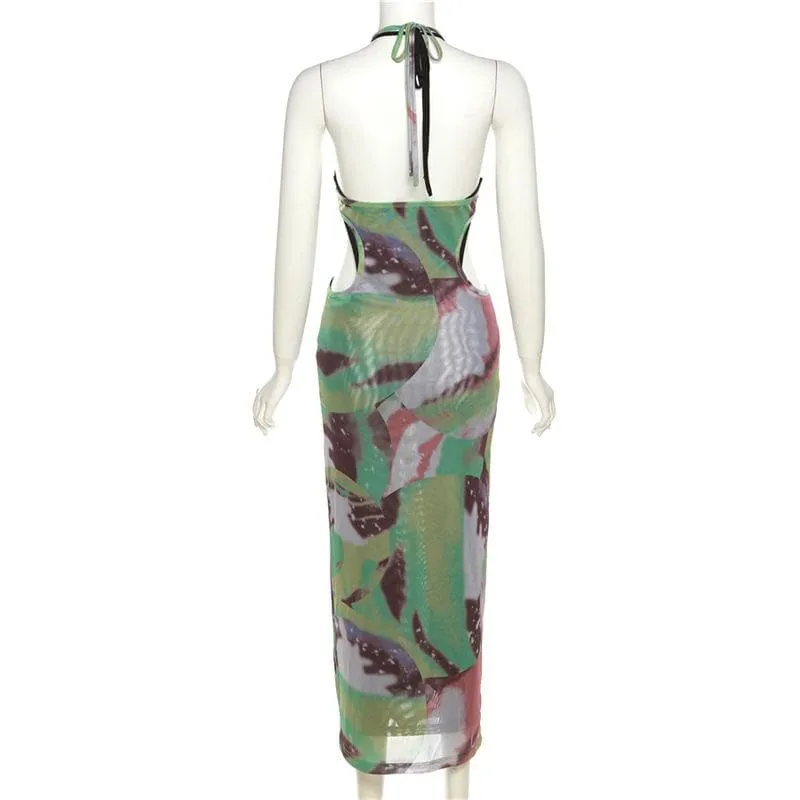 Halter self tie contrast print sheer mesh backless hollow out cut out maxi dress