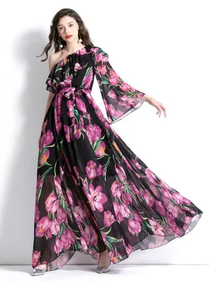 Holiday One-shoulder Flounced Beach Print Dress