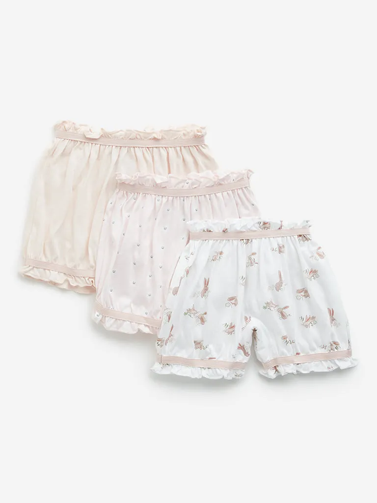 HOP Kids Light Pink Rabbit Printed Cotton Bloomers - Pack of 3