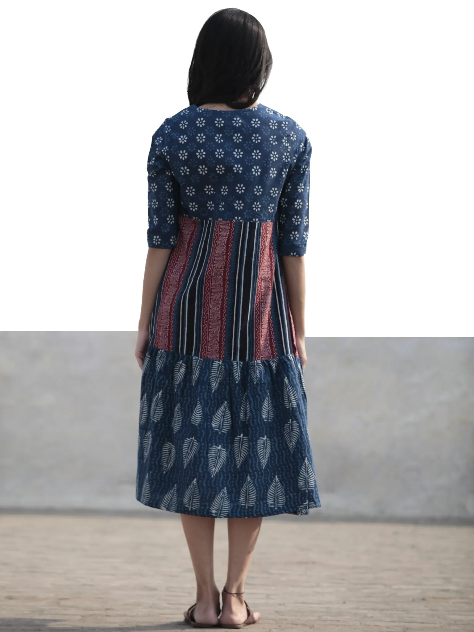 Indigo White Pink Hand Blocked Cotton Middi Dress with Tassels - D212F1115