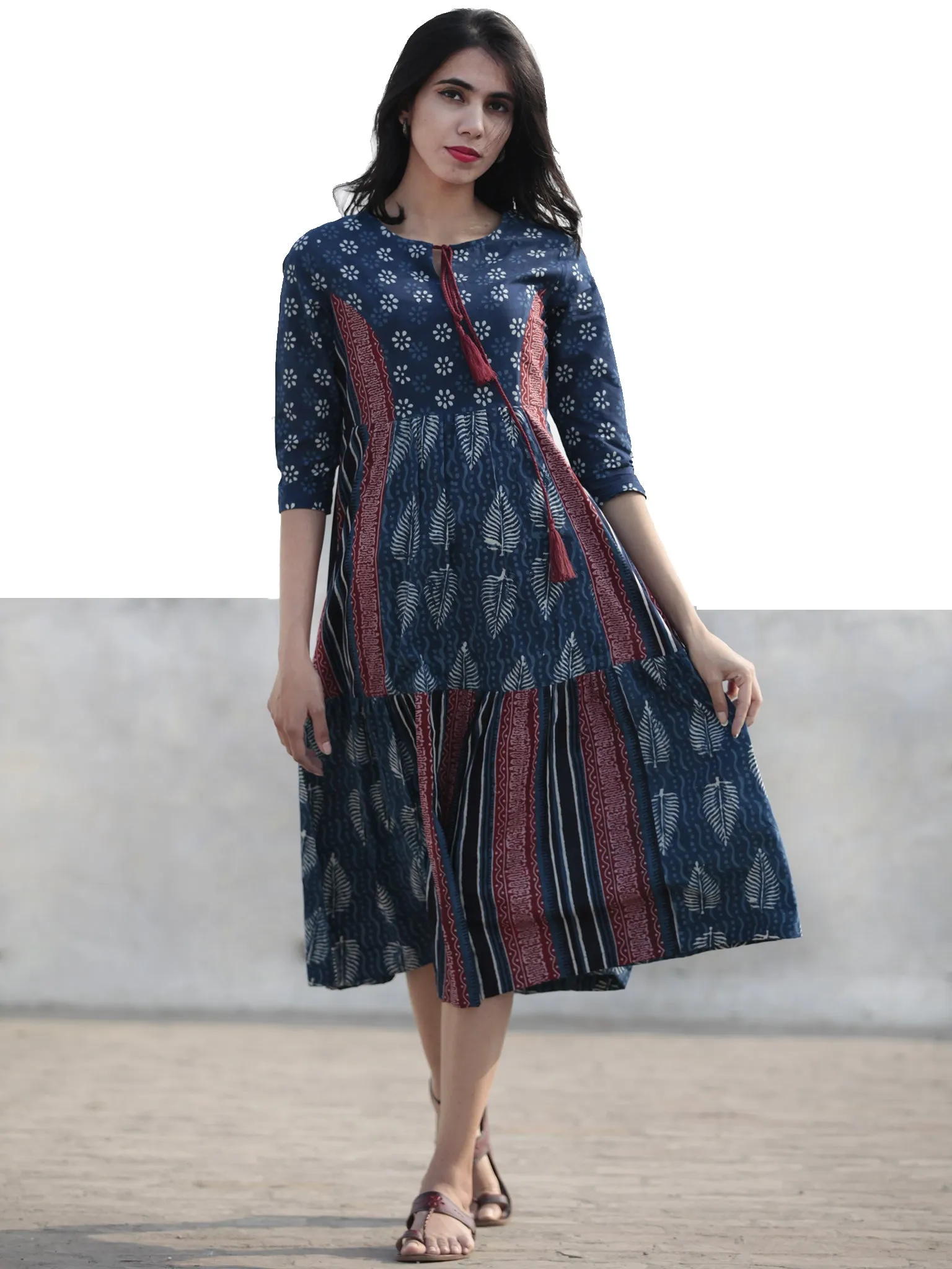 Indigo White Pink Hand Blocked Cotton Middi Dress with Tassels - D212F1115