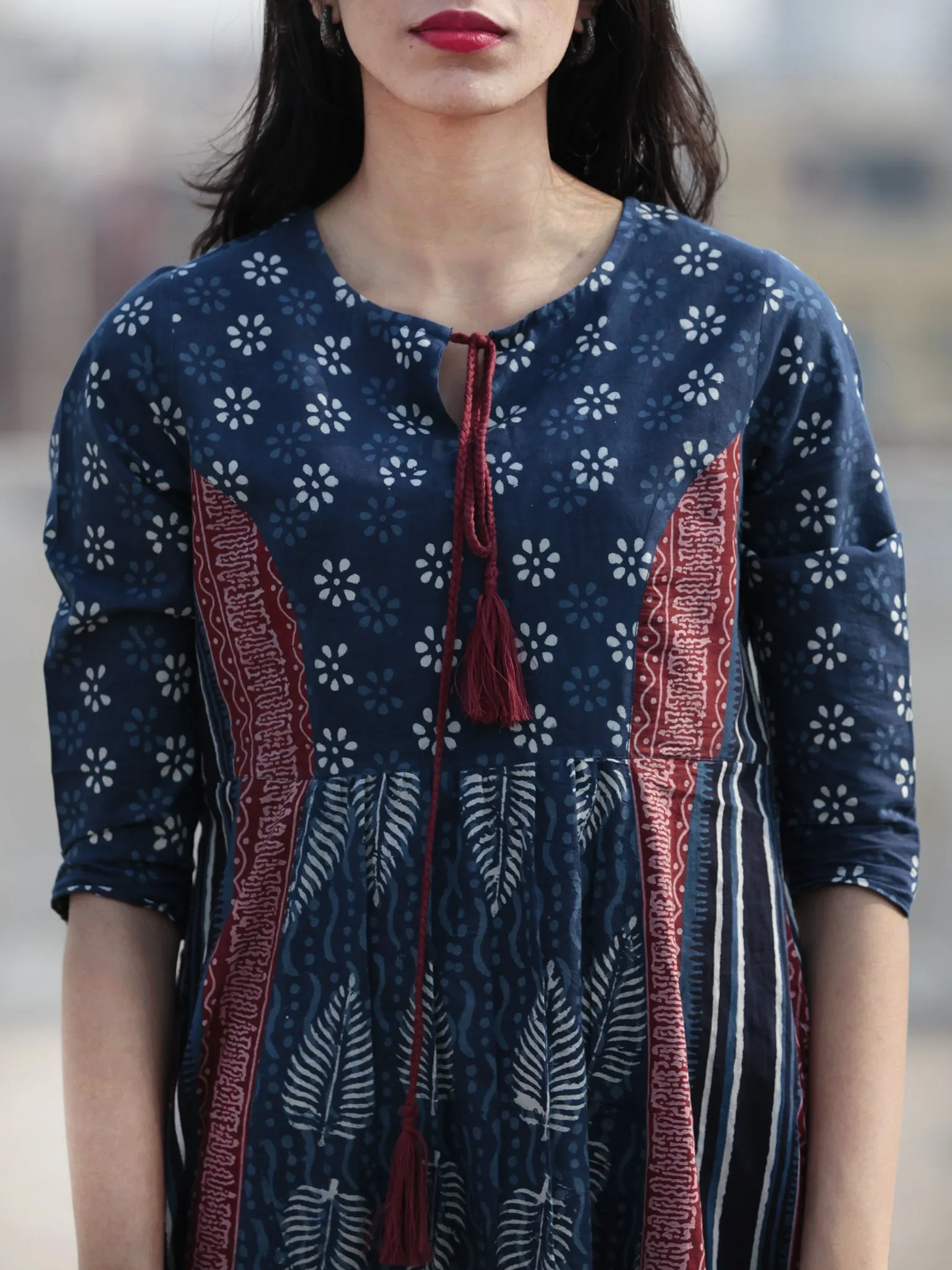Indigo White Pink Hand Blocked Cotton Middi Dress with Tassels - D212F1115