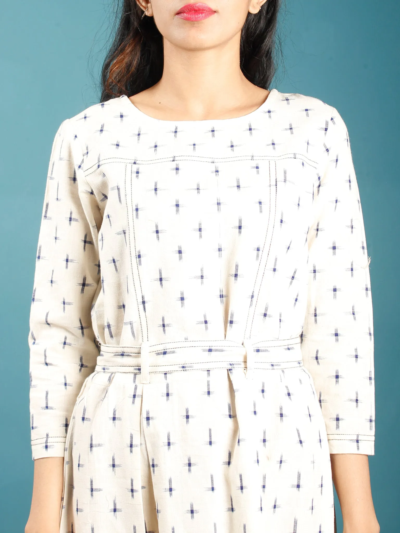 Ivory Indigo Double Ikat Handwoven Midi Dress With Belt - D247F1233