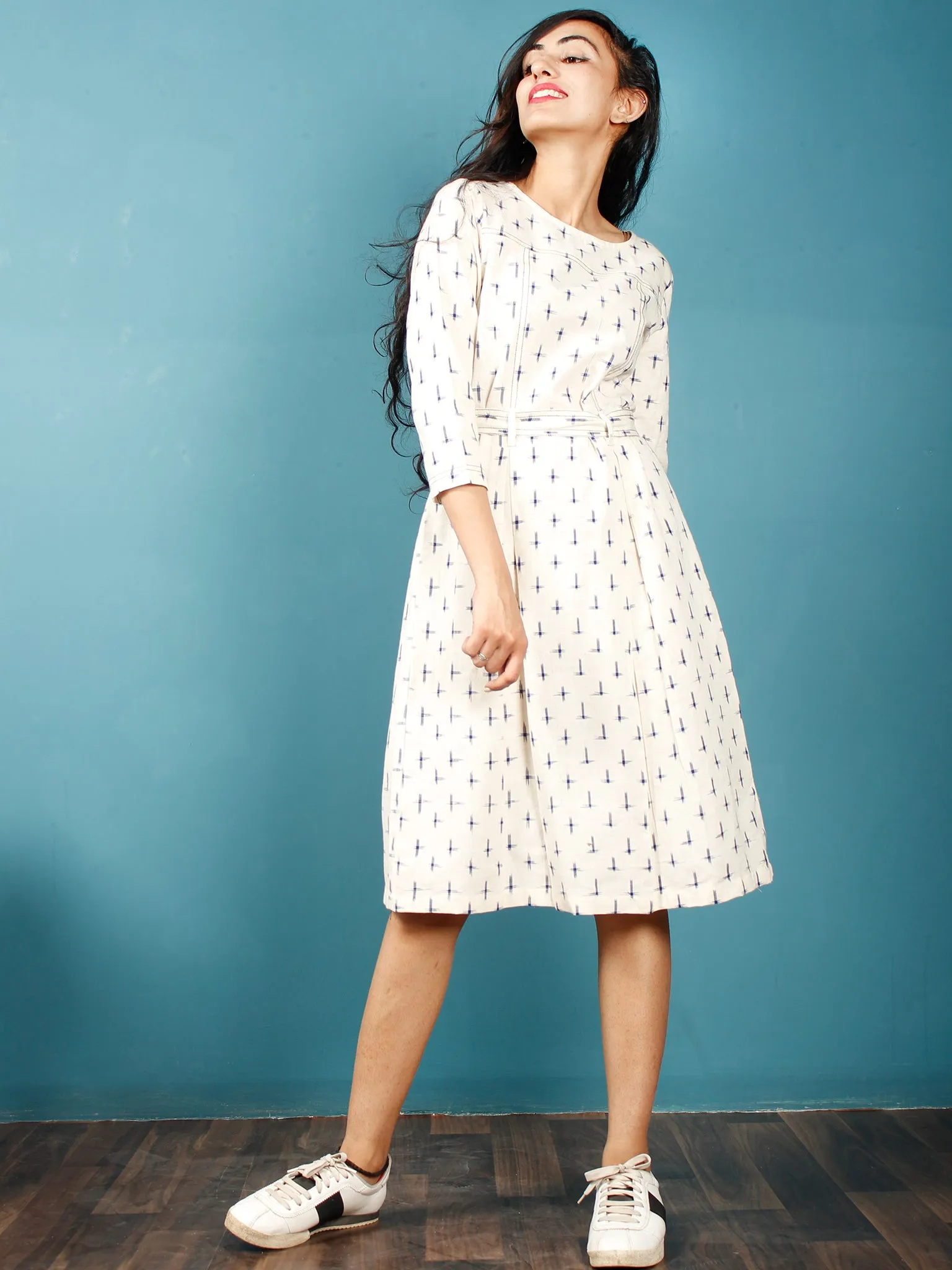 Ivory Indigo Double Ikat Handwoven Midi Dress With Belt - D247F1233