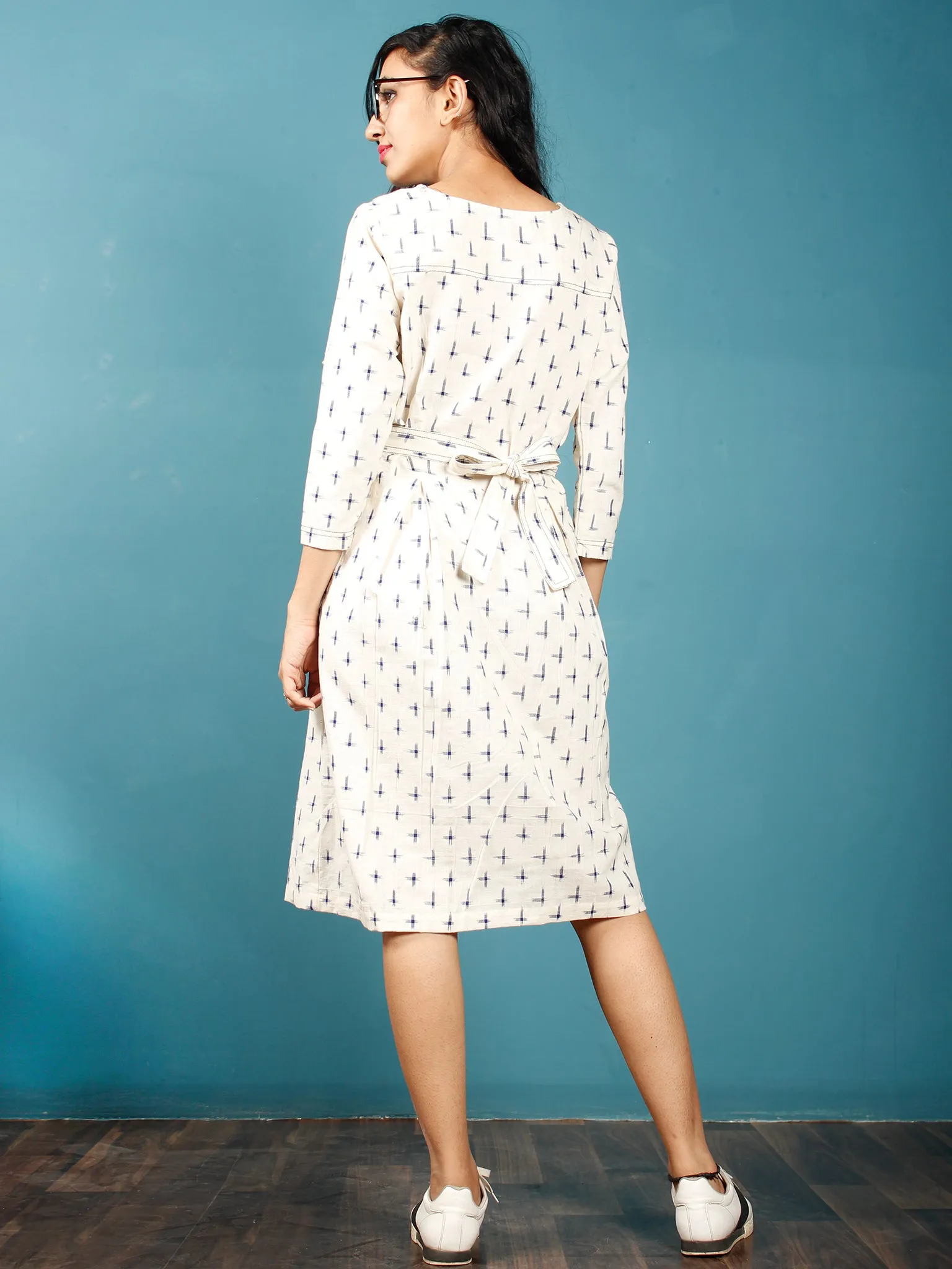 Ivory Indigo Double Ikat Handwoven Midi Dress With Belt - D247F1233