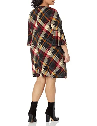 Jessica Howard Women's Plus A-line Soft Long Sleeve Short Dress, RED/Multi, 1X