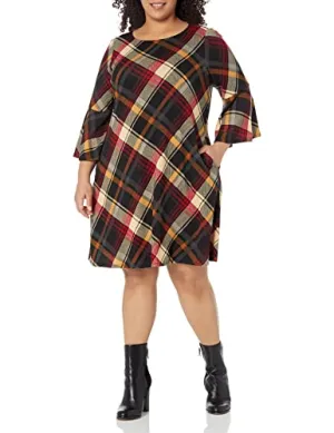 Jessica Howard Women's Plus A-line Soft Long Sleeve Short Dress, RED/Multi, 1X