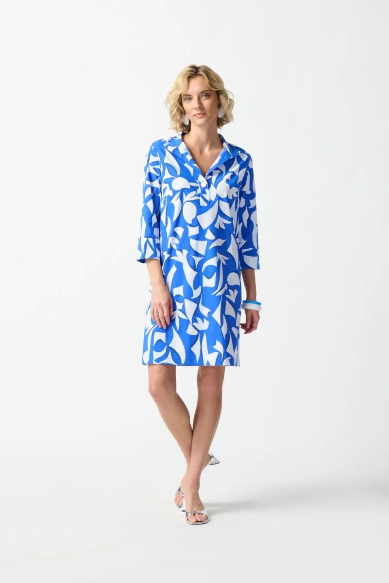 Joseph Ribkoff Blue/Vanilla Abstract Print 3/4 Sleeve Shirt Dress 242154