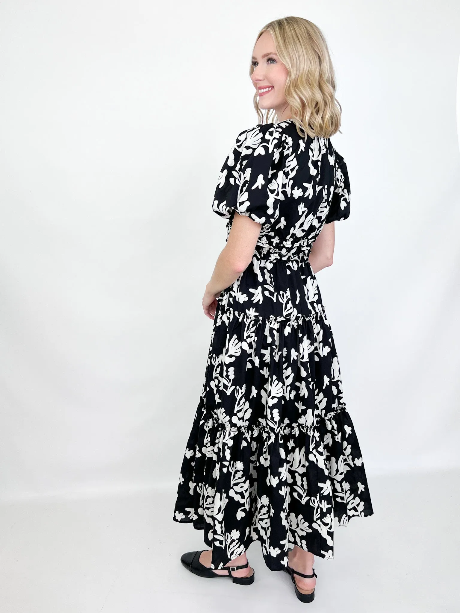 Katherine - Black   White Floral Tiered Midi Dress