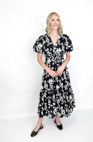 Katherine - Black   White Floral Tiered Midi Dress