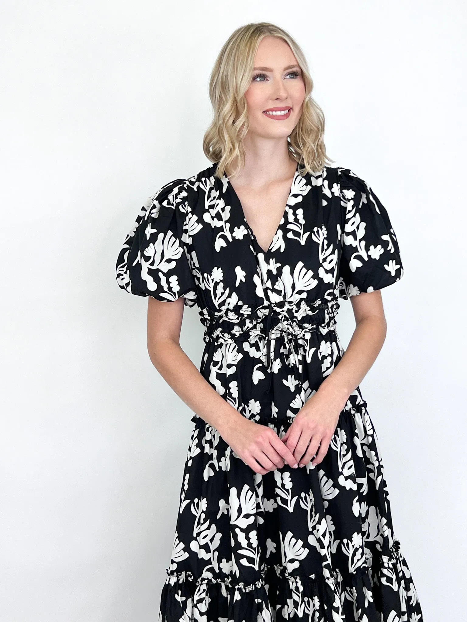 Katherine - Black   White Floral Tiered Midi Dress
