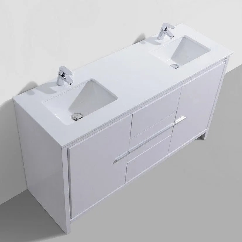 KubeBath Dolce 60″ Double Sink High Gloss White Modern Bathroom Vanity with White Quartz Counter-Top AD660DGW