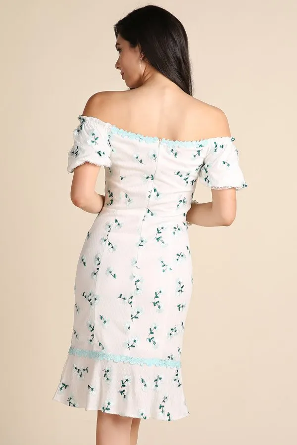 Light Blue Puff Sleeve Floral Embroidered Midi Dress