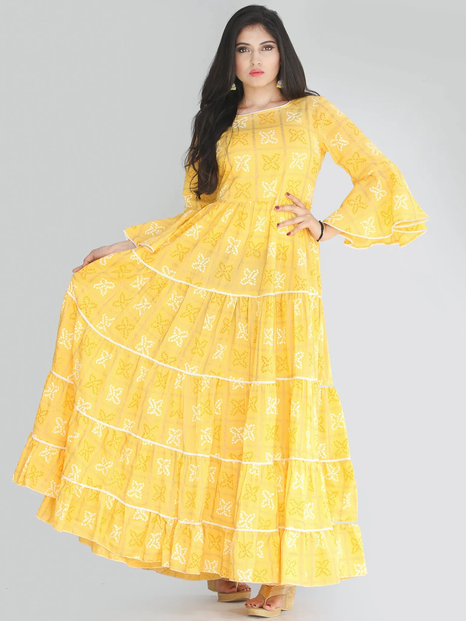 Maira - Yellow Bandhani Printed Tier Long Dress With Lace Insert - D407F2204