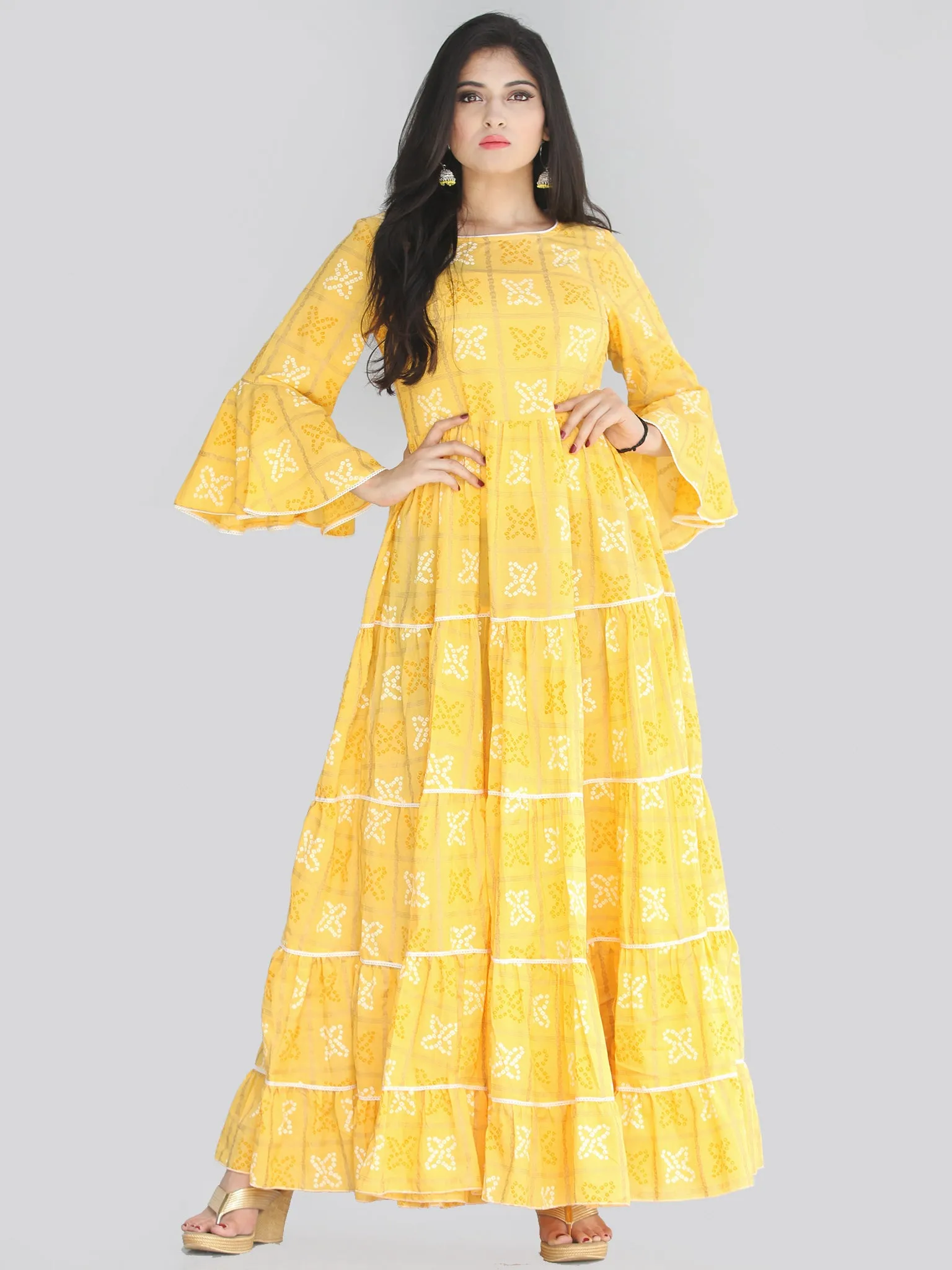Maira - Yellow Bandhani Printed Tier Long Dress With Lace Insert - D407F2204